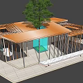Modern Wooden Pergola With Vertical Slats Roof Beams Green Plants And Blue Accents