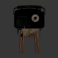 Vintage Retro Radio Electronic Appliance With Black Red Design On Wooden Stool