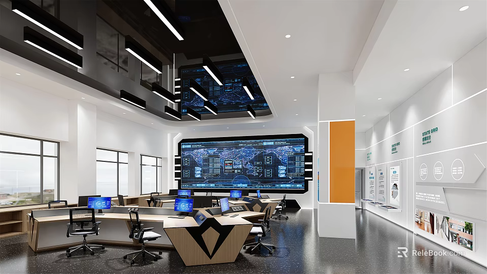 Control Room Interior Design with Large Screen Display Multiple Workstations and Computers 3d model