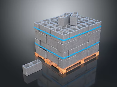 Stacked Gray Concrete Blocks With Blue Straps On Wooden Pallet For Construction 3d model