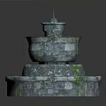 Three Tiered Stone Fountain With Blue Water And Moss For Outdoor Decor