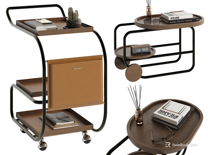 Modern Side Tables with Wooden Top Metal Frame Wheels Storage Drawers and Decor Items 3d model 