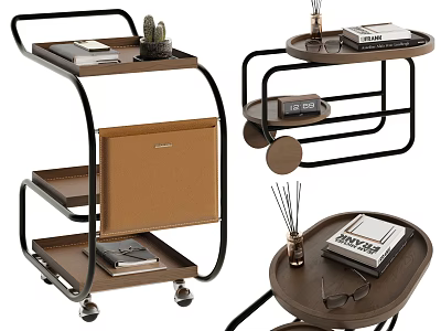 Modern Side Tables with Wooden Top Metal Frame Wheels Storage Drawers and Decor Items 3d model