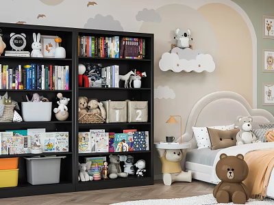 Kids Bookshelf With Books Toys Storage Cloud Decor And Wall Decorations In Kids Room 3d model