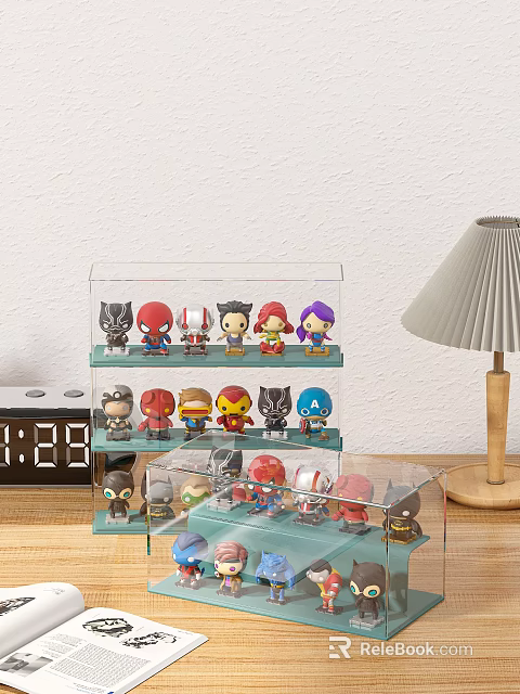 Collectible Action Figure Toys In Transparent Multi Layer Display Case With Superhero Characters 3d model 