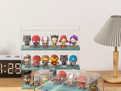 Collectible Action Figure Toys In Transparent Multi Layer Display Case With Superhero Characters 3d model