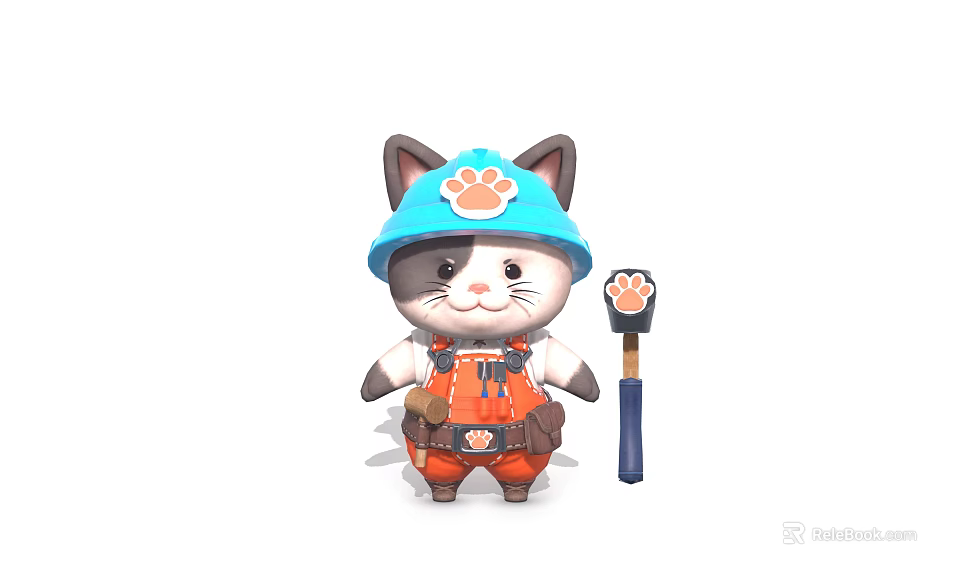 Cartoon Cat Worker Character In Blue Helmet With Orange Overalls Tool Belt And Paw Print Hammer 3d model 