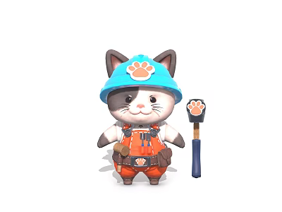 Cartoon Cat Worker Character In Blue Helmet With Orange Overalls Tool Belt And Paw Print Hammer 3d model