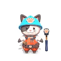 Cartoon Cat Worker Character In Blue Helmet With Orange Overalls Tool Belt And Paw Print Hammer
