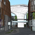Modern Commercial Street With Curved Buildings Green Roofs And Glass Facades