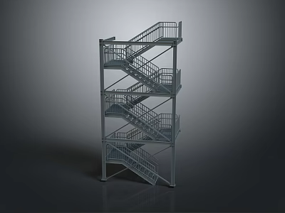 Detailed Multi Level Metal Staircase With Railings For Industrial Building Model 3d model