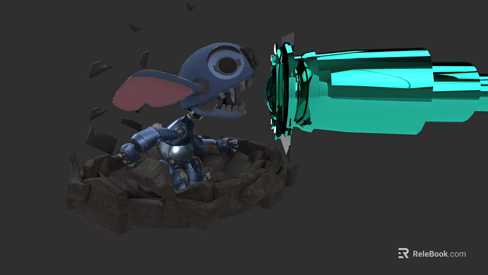 Blue Mechanical Alien Character in Battle Stance with Green Weapon and Broken Rocks 3d model 