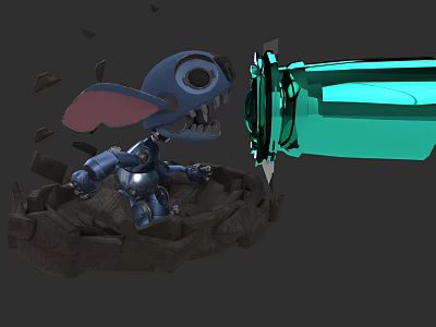 Blue Mechanical Alien Character in Battle Stance with Green Weapon and Broken Rocks 3d model
