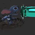 Blue Mechanical Alien Character in Battle Stance with Green Weapon and Broken Rocks