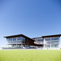 Modern Office Building Featuring Glass Curtain Walls Wooden Structures And Spacious Plaza Under Blue Sky