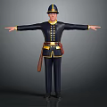 Uniformed Human Figure In Dark Blue Uniform With Yellow Accents Arms Outstretched And Brown Holster