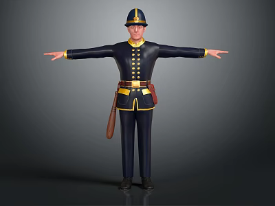 Uniformed Human Figure In Dark Blue Uniform With Yellow Accents Arms Outstretched And Brown Holster 3d model
