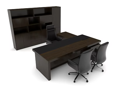 Dark Brown Office Desk With Black Top Wooden Bookshelf And Black Chairs 3d model