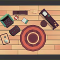 Colorful Living Room Furniture With Armchair Bookshelf Piano And Round Rug