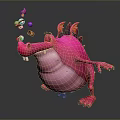 Horned Pink Reptile Cartoon Character Juggling Colorful Objects In 3D Render