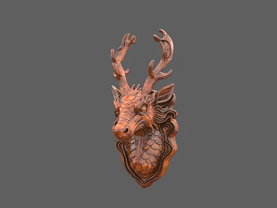Intricately Carved Wooden Dragon Deer Head Sculpture With Antlers Scales And Mane Details 3d model