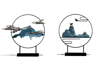 Elegant Decorative Ornament Set with Circular Blue Gold Mountain Scenery Flying Birds and Black Base 3d model