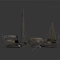 Traditional Wooden Sailboat Models With Brown Sails Different Sizes And Structures 3d model