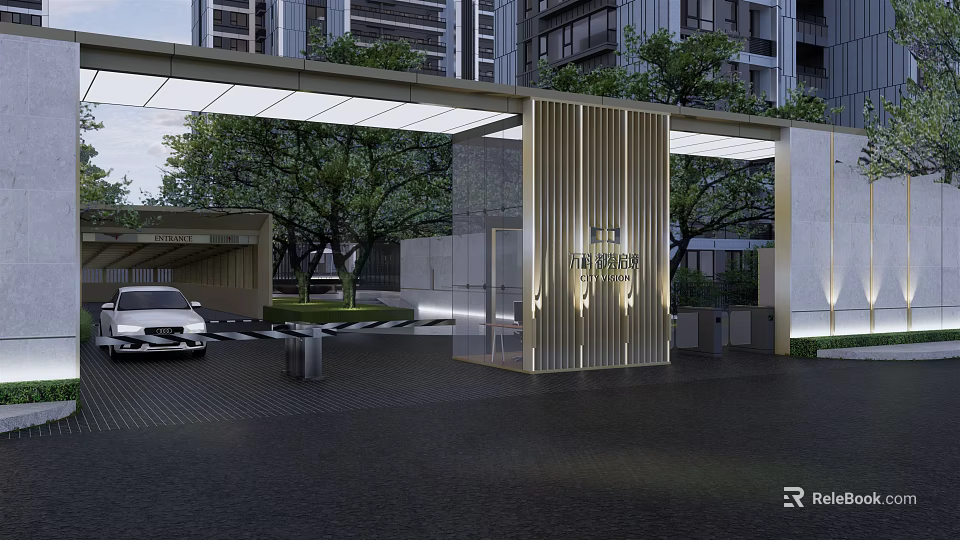 Modern Building Exterior With Glass And Wooden Grille Entrance Area And Trees 3d model 