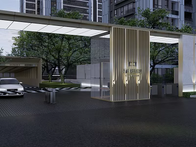 Modern Building Exterior With Glass And Wooden Grille Entrance Area And Trees 3d model