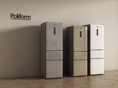 Poliform Modern Three Door Refrigerators in Gray Brown and White Against Wall 3d model