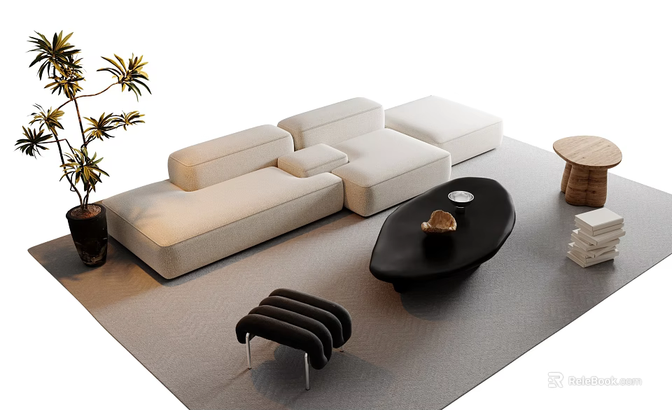 Modern Light Beige Sectional Sofa With Black Coffee Table Set And Decorative Plant On Rug 3d model 