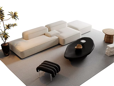 Modern Light Beige Sectional Sofa With Black Coffee Table Set And Decorative Plant On Rug 3d model