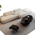 Modern Light Beige Sectional Sofa With Black Coffee Table Set And Decorative Plant On Rug