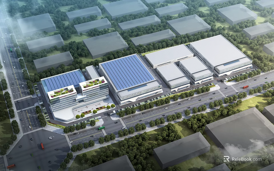 Modern Industrial Factory Complex With Blue Solar Panel Roofs Greenery And Road Network 3d model 