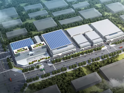 Modern Industrial Factory Complex With Blue Solar Panel Roofs Greenery And Road Network 3d model
