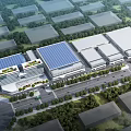 Modern Industrial Factory Complex With Blue Solar Panel Roofs Greenery And Road Network