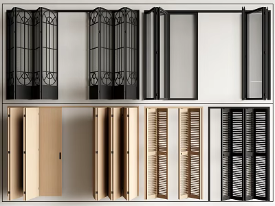 Various Folding Doors Styles With Black Frames Wooden Finishes And Louvered Panels For Interiors 3d model
