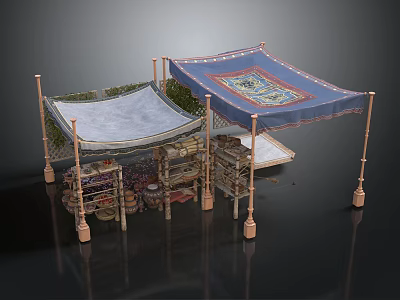 Traditional Outdoor Pavilion Structures With Decorative Canopies And Wooden Shelves Holding Items 3d model