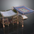 Traditional Outdoor Pavilion Structures With Decorative Canopies And Wooden Shelves Holding Items