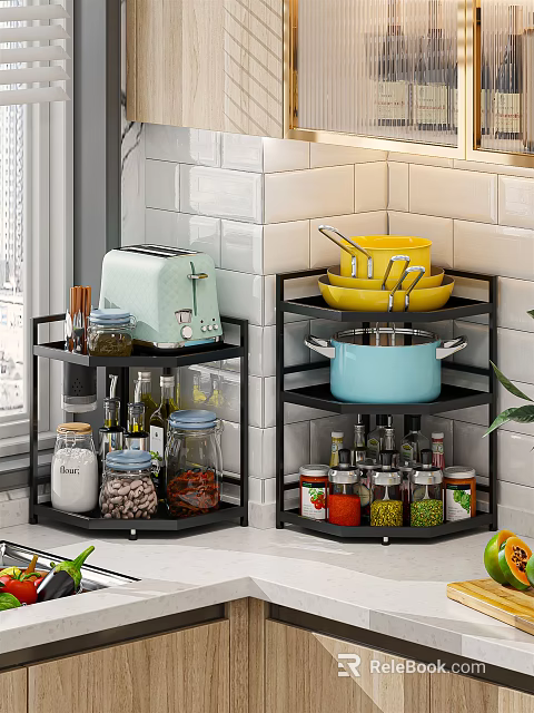 Black Kitchen Corner Storage Shelves With Multi Tier For Pots Bowls Spices And Toaster 3d model 