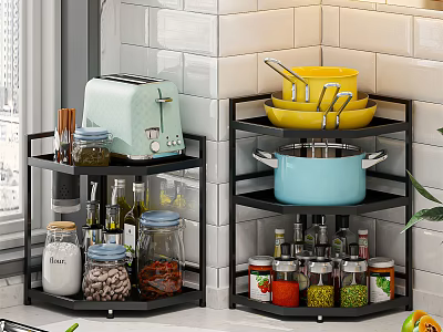 Black Kitchen Corner Storage Shelves With Multi Tier For Pots Bowls Spices And Toaster 3d model