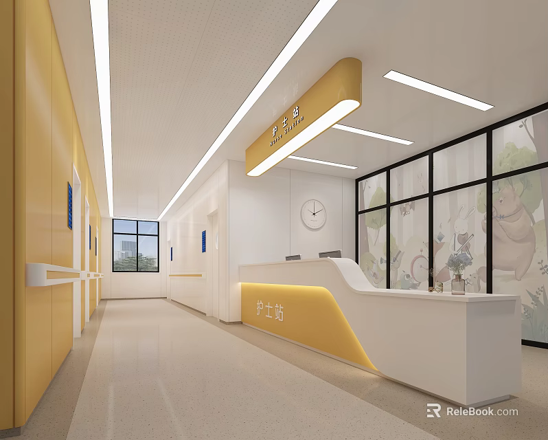 Hospital Outpatient Clinic Corridor With Yellow Walls White Ceiling Nurse Station And Cartoon Patterns 3d model 
