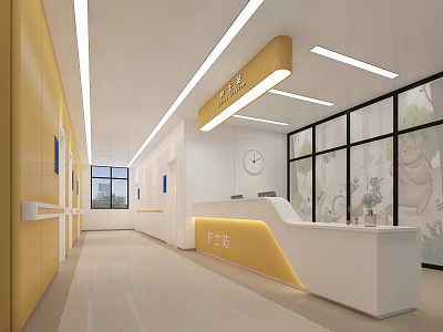 Hospital Outpatient Clinic Corridor With Yellow Walls White Ceiling Nurse Station And Cartoon Patterns 3d model