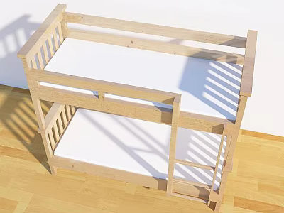 Wooden Bunk Bed with Ladder and Railing on Wooden Floor in Kids Room 3d model