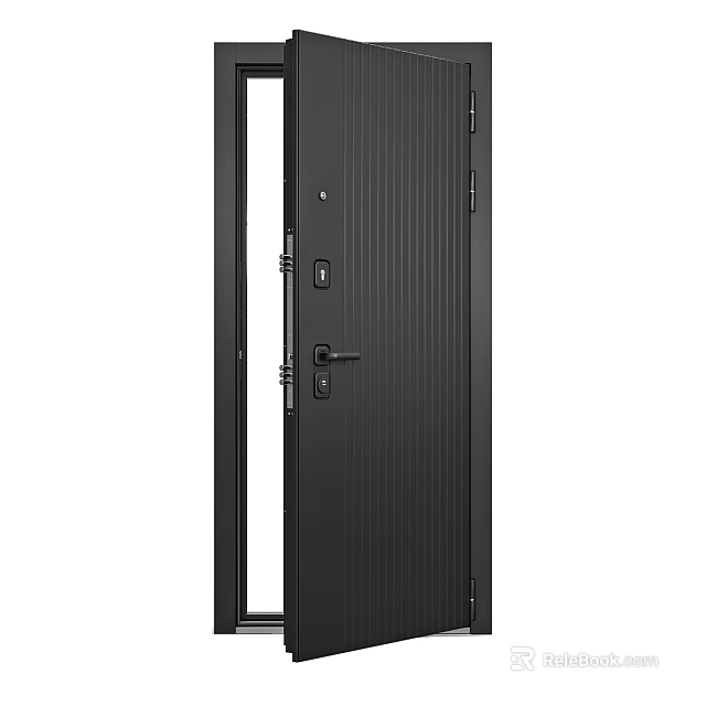 Modern Black Hinged Door With Glass Side Panel And Vertical Lines Design 3d model 
