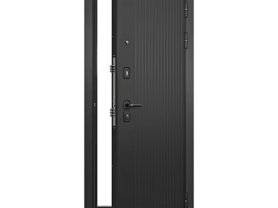Modern Black Hinged Door With Glass Side Panel And Vertical Lines Design 3d model