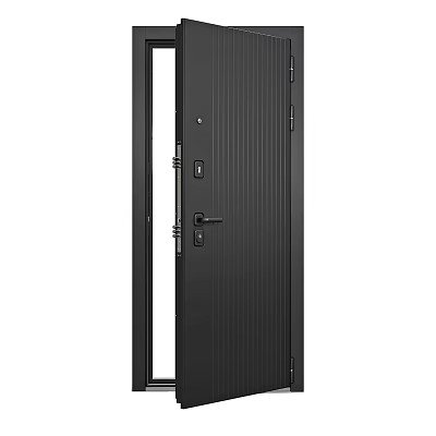 Modern Black Hinged Door With Glass Side Panel And Vertical Lines Design 3d model