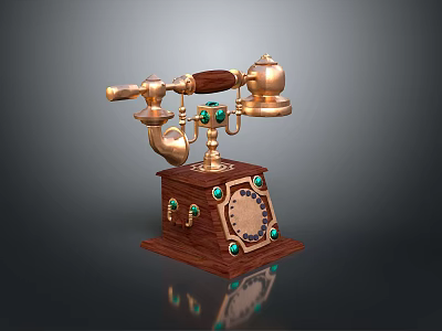 Vintage Electronic Telephone With Wooden Base Brass Components And Decorative Gems 3d model