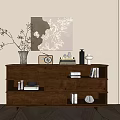 Wooden Entryway Side Cabinet with Vase Books and Green Plant on Beige Wall Wooden Floor