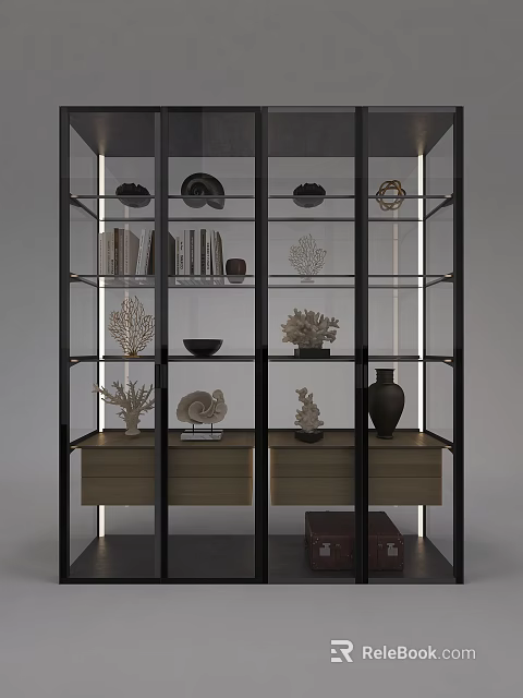 Modern Glass Door Display Cabinet Shelf With Metal Frame Multiple Shelves And Decorative Shells Coral 3d model 